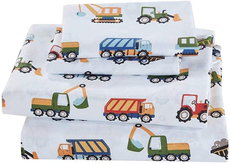 MK Home 5pc Twin Comforter and Sheet Set Teens/Boys Construction Trucks Tractors Blue Red Yellow New - Image 2
